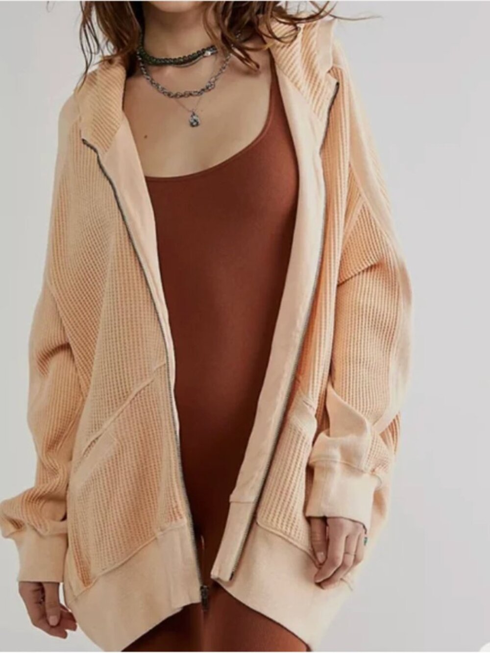 Free People FP One Ash Hoodie Ivory Light Waffle Knit Zip Up Sweatshirt Medium